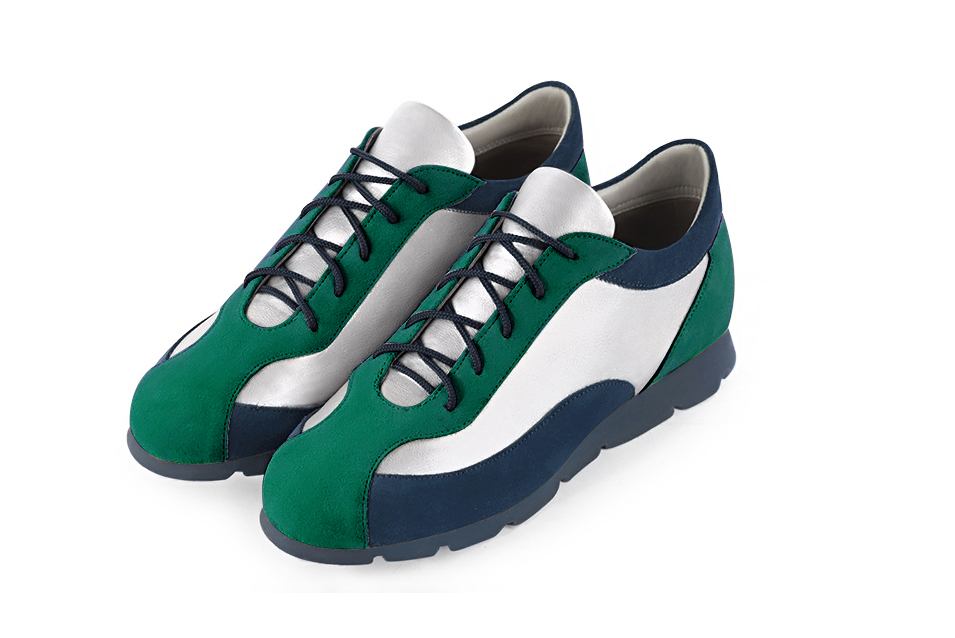 Emerald green, light silver and navy blue women's elegant sneakers. Round toe. Flat rubber soles. Front view - Florence KOOIJMAN
